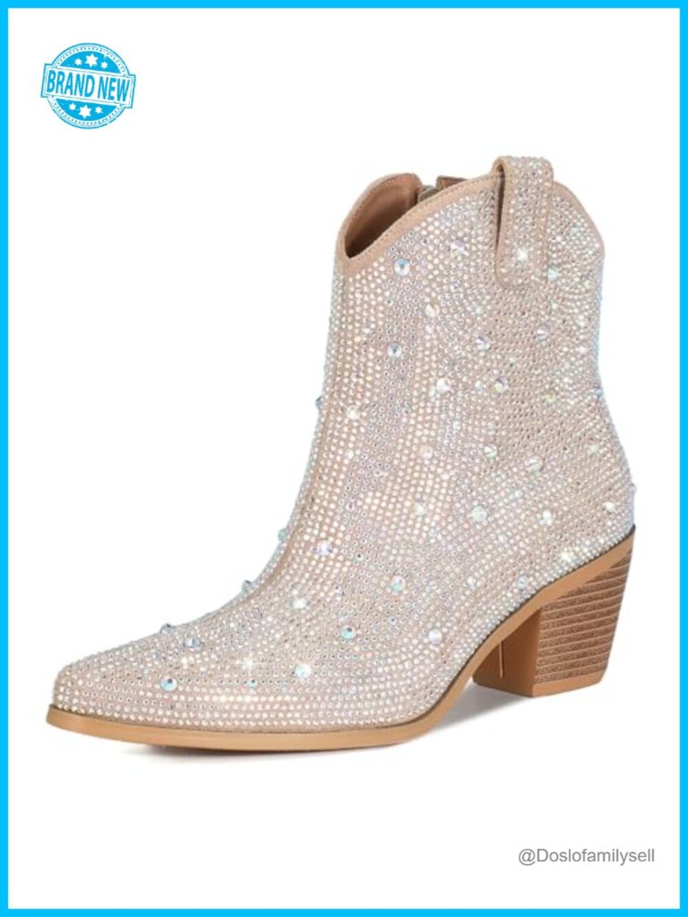 Rhinestone Cowboy Ankle Boots Sparkly Chunky Heel Side Zip Booties Women